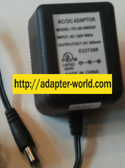 YD-35-090020 AC ADAPTER 7.5VDC 350mA - ---C--- New 2.1 x 5.5 - Click Image to Close