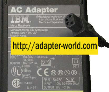 IBM 85G6704 AC ADAPTER 16V DC 2.2A POWER SUPPLY 4Pin 85G6705 for - Click Image to Close