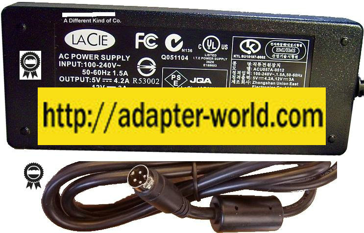 Lacie ACU057A-0512 ACLG-51 AC Adapter 5VDC 4.2A 12V 3A 4 PIN DIN - Click Image to Close