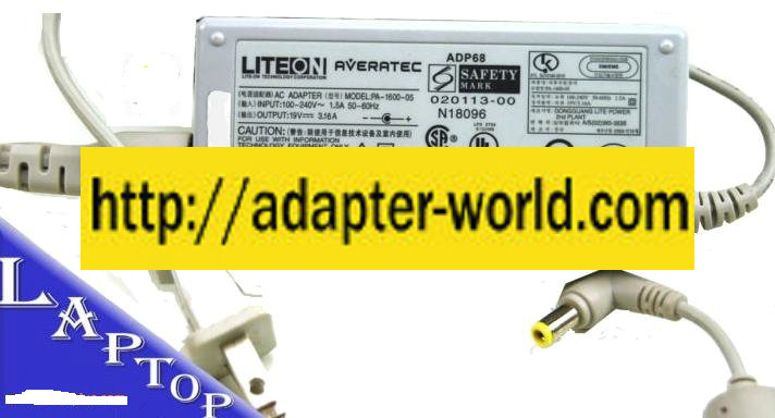 Liteon PA-1600-05 AC ADAPTER 19V DC 3.16A 60W AVERATEC ADP68