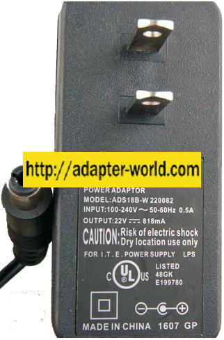 OEM ADS18B-W 220082 AC ADAPTER 22VDC 818mA NEW -( )- 3x6.5mm ITE