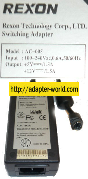 REXON AC-005 AC ADAPTER 12V 5VDC 1.5A 5Pin Mini Din POWER SUPPLY - Click Image to Close