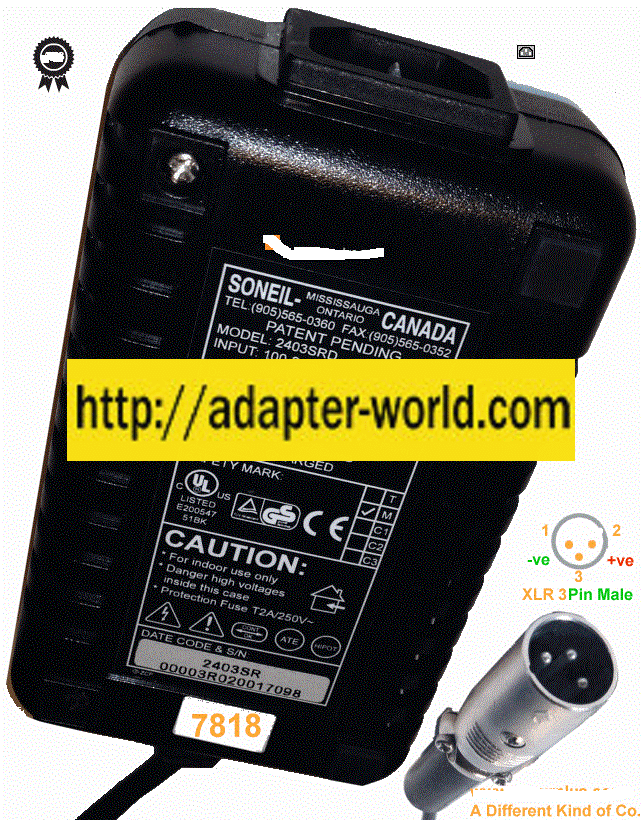 SONEIL 2403SRD AC ADAPTER 24VDC 1.5A 3Pin XLR CONNECTOR New 100-