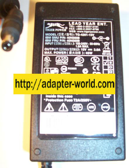 TIGER POWER TG-4201-15V AC ADAPTER 15Vdc 3A -( ) 2x5.5mm 45W 100 - Click Image to Close