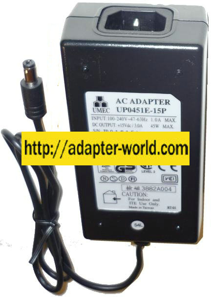UMEC UP0451E-15P AC Adapter 15VDC 3A 45W LIKE NEW -( )- 2x5.5mm