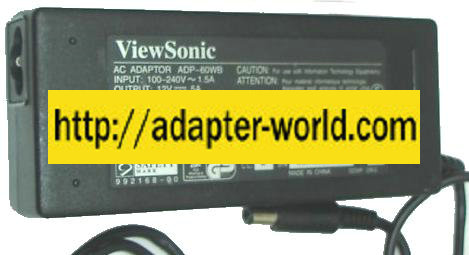 VIEWSONIC ADP-60WB AC ADAPTER 12Vdc 5A NEW -( )- 3 x6.5mm Power - Click Image to Close