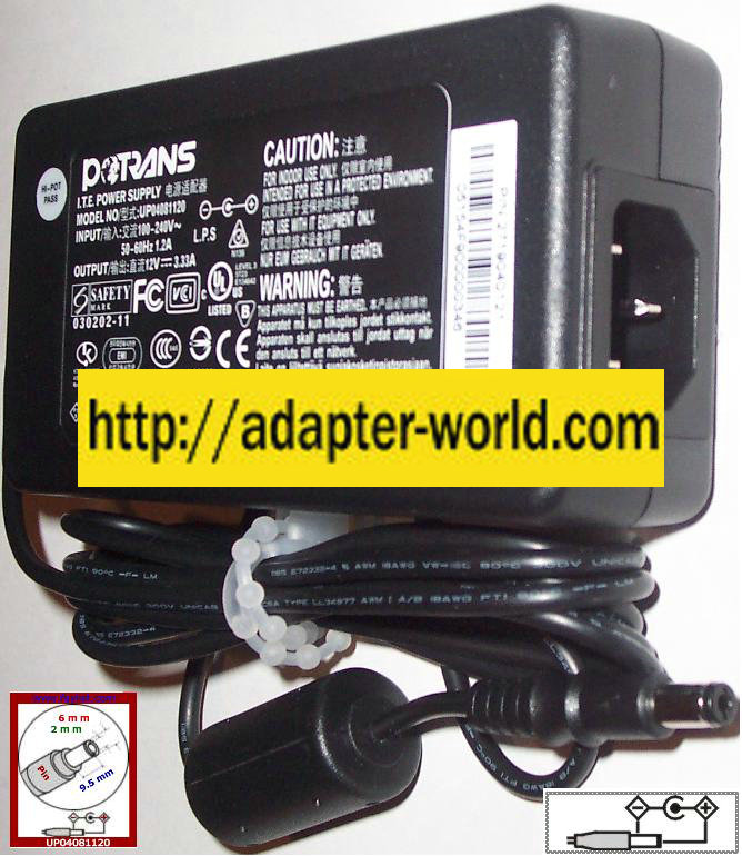 POTRANS UP04081120 12VDC 3.33A AC Adapter for LCD Monitor - Click Image to Close