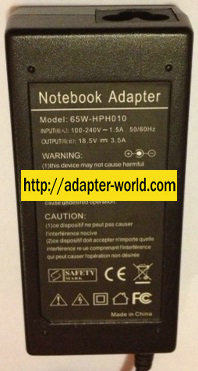 NOTEBOOK ADAPTER 65W-HPH010 18.5VDC 3.5A NEW 1 x 5.2 x 7.3 x 12 - Click Image to Close