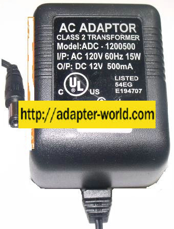 ADC-1200500 AC ADAPTER 12VDC 500mA CLASS 2 TRANSFORMER - Click Image to Close
