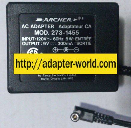 ARCHER 273-1455 AC ADAPTER 9VDC 300mA -( )- 2x5.5x10mm - Click Image to Close