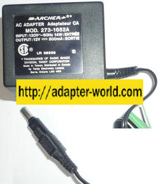 ARCHER 273-1652A AC ADAPTER 12VDC 500mA NEW -( ) 2x5.5mm ROUND - Click Image to Close