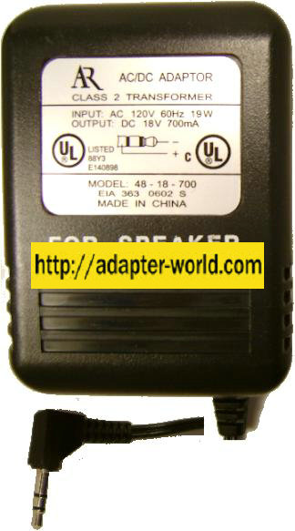 AR 48-18-700 AC ADAPTER 18VDC 700mA NEW -( )- 2.5x5.5mm SPEAKER - Click Image to Close
