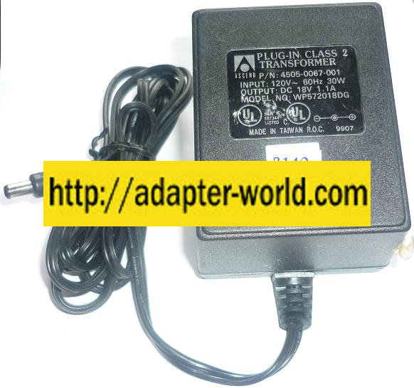 ASCEND WP572018DG AC ADAPTER 18VDC 1.1A NEW -( ) 2.5x5.5mm POW - Click Image to Close