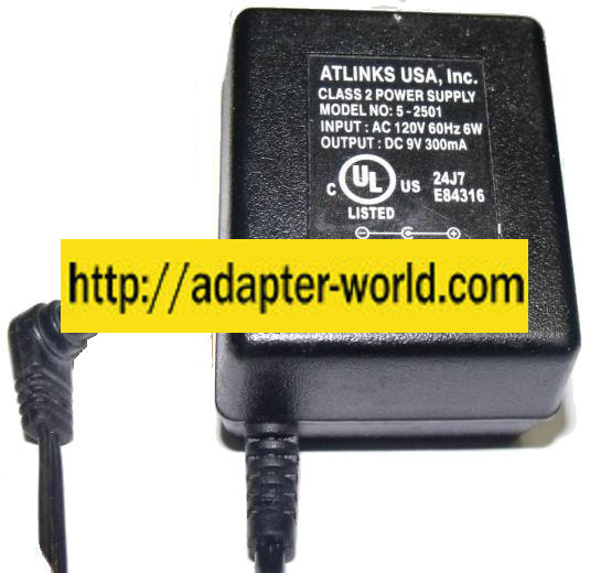 ATLINKS 5-2501 AC ADAPTER 9V 300mA -( )- 2x5.5mm 120vac new PLU - Click Image to Close