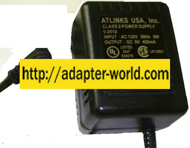 ATLINKS 5-2512 AC ADAPTER 9V 450MA CORDLESS PHONE POWER SUPPLY - Click Image to Close