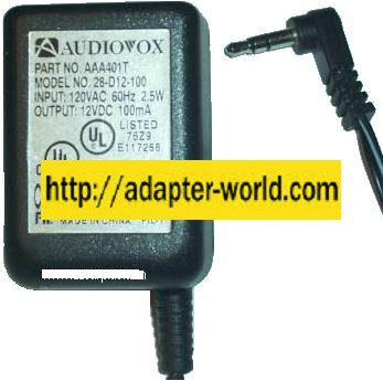 AUDIOVOX 28-D12-100 AC ADAPTER 12VDC 100mA POWER SUPPLY STEREO M - Click Image to Close