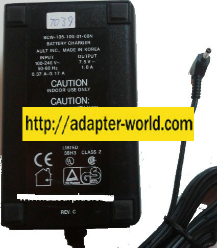AULT BCW-105-100-01-00N AC ADAPTER 7.5VDC 1A -( )- 1.5x3.5mm 90 ° - Click Image to Close