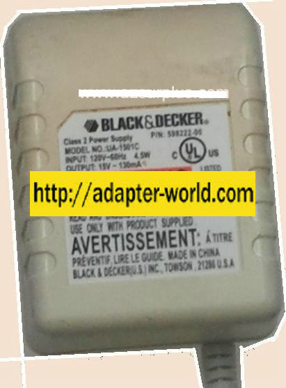 NEW BLACK DECKER UA-1501C AC ADAPTER 15V AC 130mA CLASS 2 TRANSFORM - Click Image to Close