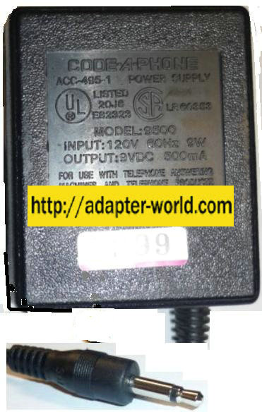 CODE-A-PHONE 9500 AC DC ADAPTER 9V 500mA TELEPHONE POWER SUPPLY - Click Image to Close