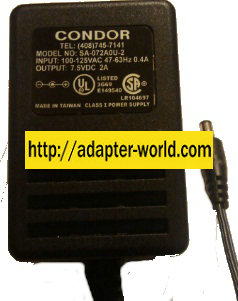 CONDOR SA-072A0U-2 AC ADAPTER 7.5VDC 2A -( ) NEW 2.5x5.5mm ROUND - Click Image to Close