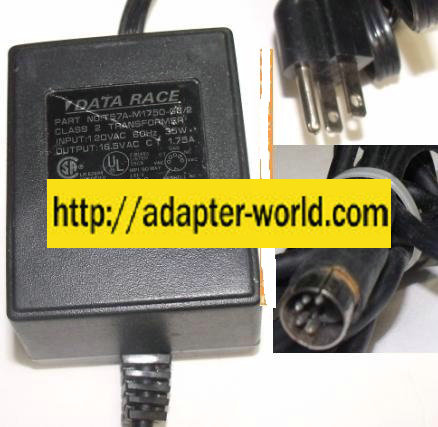DATA RACE T57A-M1750-G6/2 AC ADAPTER 16.5VAC 1.75A POWER SUPPLY - Click Image to Close