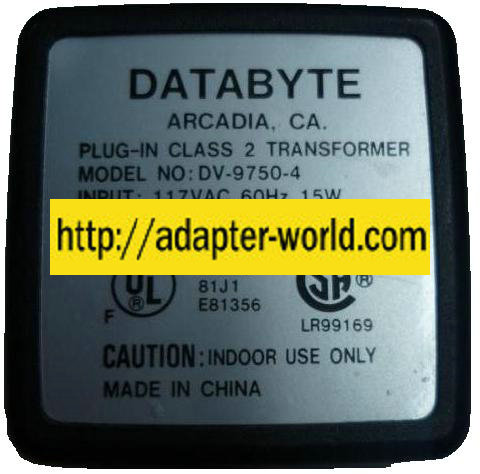 DATABYTE DV-9750-4 AC ADAPTER 9V 1A PLUG IN CLASS 2 TRANSFORMER - Click Image to Close