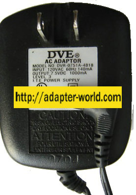 DVE DVR-0751A-4818 AC ADAPTER 7.5V DC 1000mA New 2.5 x 5.5 x 9.