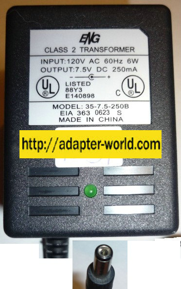 ENG 35-7-5-250B AC ADAPTER 7.5V 250MA POWER SUPPLY PLUG IN CLASS