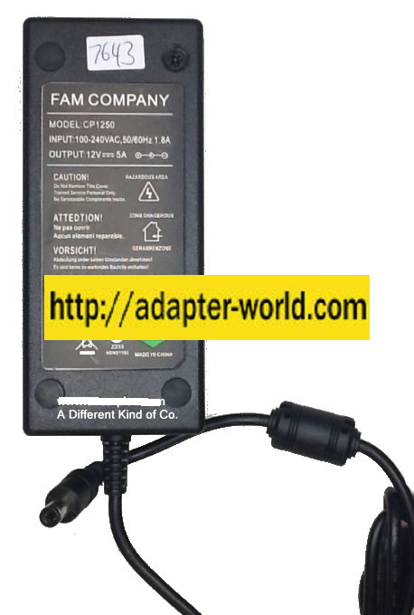 FAM CP1250 AC ADAPTER 12VDC 5A New -( )- 2.2 x 5.3 x 10.5 Strai - Click Image to Close