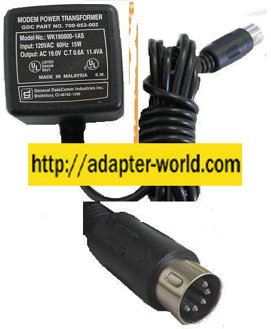 GENERAL DATACOMM WK190600-1AS AC ADAPTER 19VAC 0.6A 11.4VA NEW - Click Image to Close