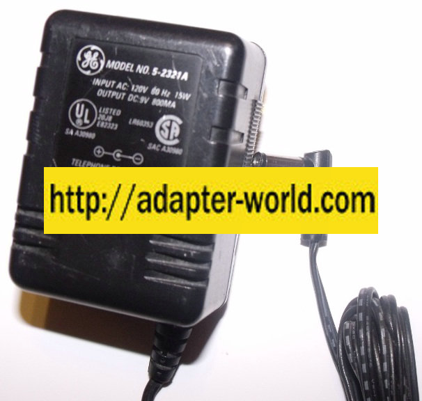 GE 5-2321A AC ADAPTER DC 9V 800mA 90 Degree Right Angle 1.5 x 5 - Click Image to Close
