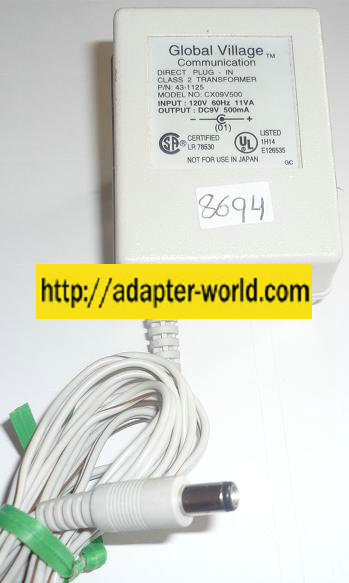 GLOBAL VILLAGE COMMUNICATION CX09V500 AC ADAPTER 9VDC 500mA NEW - Click Image to Close