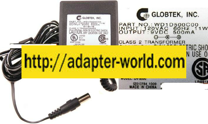 GLOBTEK DV-9500 AC ADAPTER 9V DC 500mA -( ) 2.1x5.5mm 500mA 120v - Click Image to Close