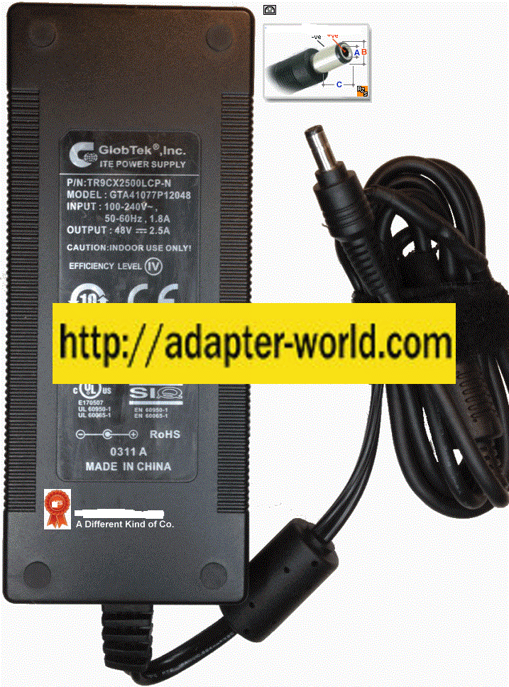 GLOBTEK GTA41077P12048 AC ADAPTER 48VDC 2.5A NEW -( ) 2.5x5.5mm - Click Image to Close