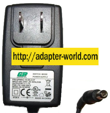 GPC 3A-161WP09 AC ADAPTER 9VDC 1.7A -( ) 2x5.5mm New ROUND BARR - Click Image to Close