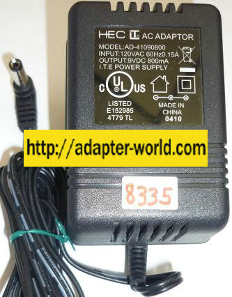HEC LT AD-41090800 AC ADAPTER 9VDC 800mA NEW -( ) 2x5.5mm ROUND - Click Image to Close