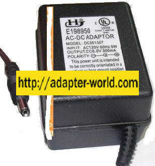 HJ DC351307 AC DC ADAPTER 6V 300mA DIRECT PLUG IN POWER SUPPLY - Click Image to Close