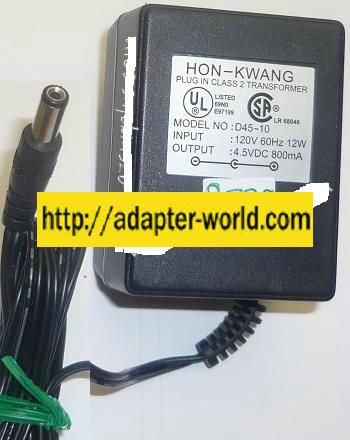 HON-KWANG D45-10 AC ADAPTER 4.5VDC 800mA NEW -( ) 2x5.5x12mm RO
