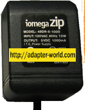 IOMEGA ZIP 48DR-5-1000 AC DC ADAPTER 5VDC 1000MA SWITCHING POWER - Click Image to Close