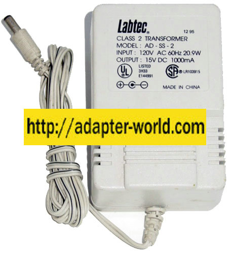 LABTEC AD-SS-2 AC ADAPTER 15VDC 1000mA NEW (-) 2x5.5mm SPEAKER - Click Image to Close
