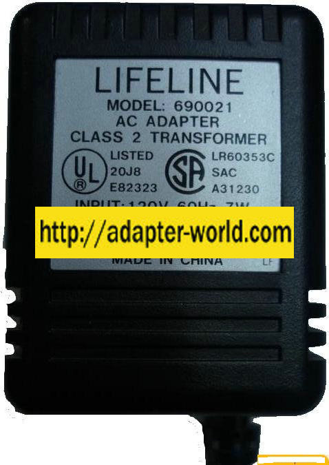 LIFELINE 690021 AC ADAPTER 12VDC 300mA 7W CLASS 2 TRANSFORMER - Click Image to Close