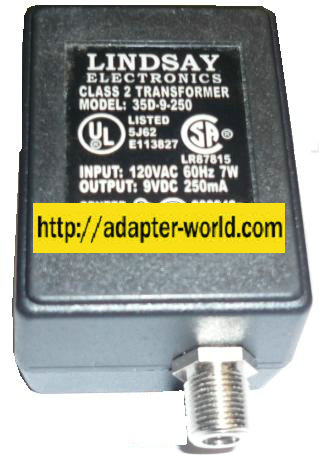 LINDSAY 35D-9-250 AC ADAPTER 9VDC 250mA DIRECT PLUG IN POWER SUP - Click Image to Close
