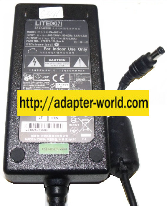 LITEON PA-1051-0 AC ADAPTER 12Vdc 4.16A New -( ) 2x5.5mm 100-24