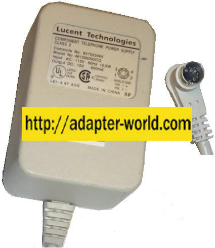 LUCENT 481006002CO AC ADAPTER 10V 600mA 5 MINI PIN DIN COMPONENT - Click Image to Close