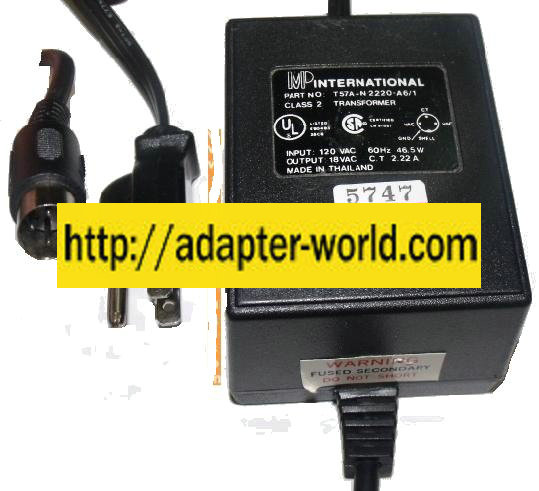 MP INTERNATIONAL T57A-N2220-A6/1 AC ADAPTER 18VAC 3 PIN DIN 13mm - Click Image to Close