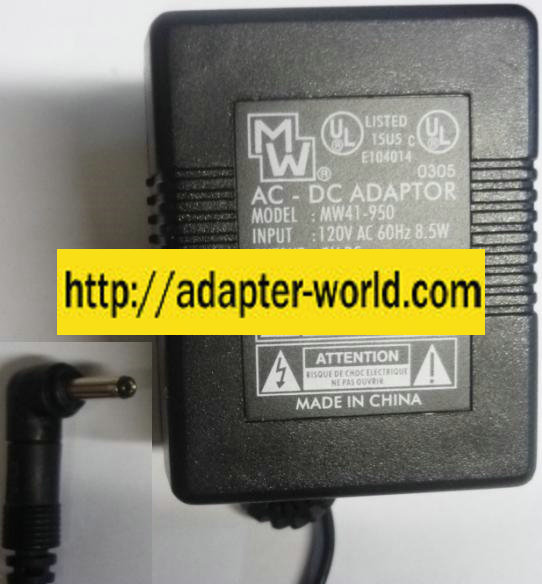 MW MW41-950 AC Adapter 9v 500mA Plug-In Transformer Power Supply
