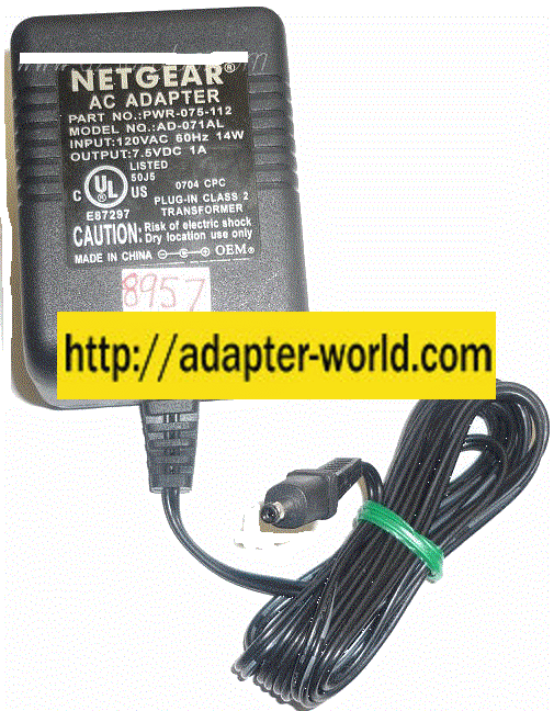 NETGEAR AD-071AL AC ADAPTER 7.5VDC 1A NEW -( ) 1.1x3.5mm Round