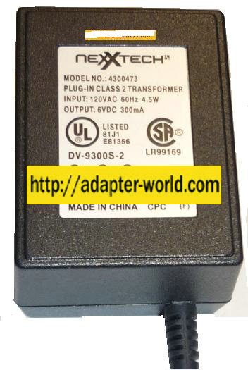 NEXTECH 4300473 DV-9300S-2 6VDC 300mA AC ADAPTER CLASS 2 TRANSFO - Click Image to Close