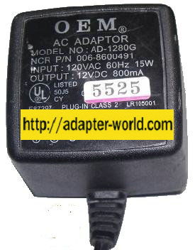 OEM AD-1280G AC ADAPTER 12Vdc 800mA (-) 2.5x5.5mm PLUG IN CLAS - Click Image to Close