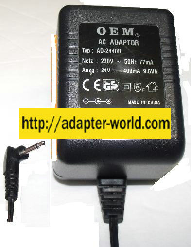 OEM AD-2440B AC ADAPTER 24VDC 400mA -( )- 9.6VA New 2.5mm audio - Click Image to Close